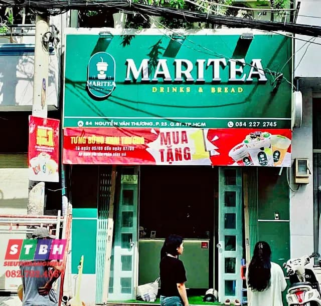 Hoàn thiện thi công bảng hiệu Maritea tại Quận Bình Tân, góc nhìn từ xa