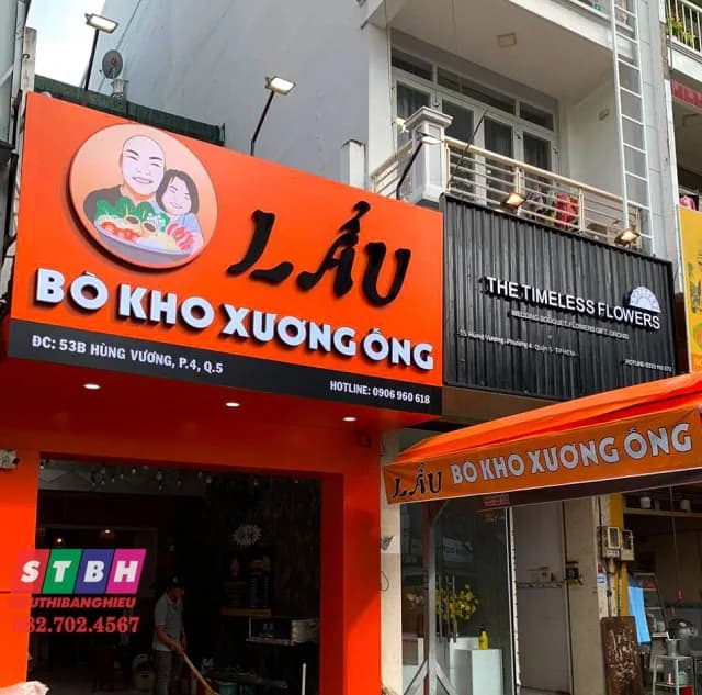 Thi công bảng hiệu quán lẩu Bò Kho Xương Ống tại 53B Hùng Vương, Quận 5
