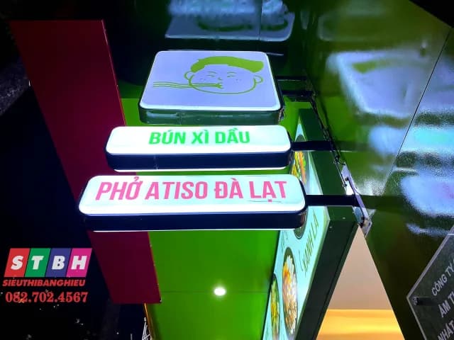 Chi tiết bảng tay vươn và hộp đèn Bún Xì Dầu Phở Atiso Đà Lạt